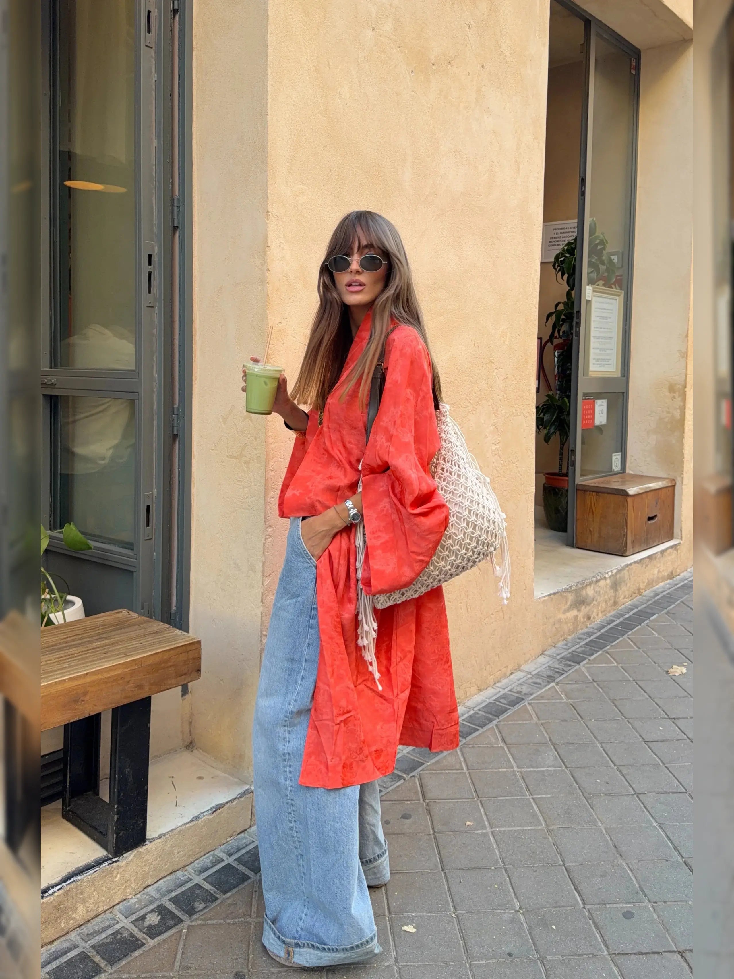 Cárdigan kimono naranja de jacquard