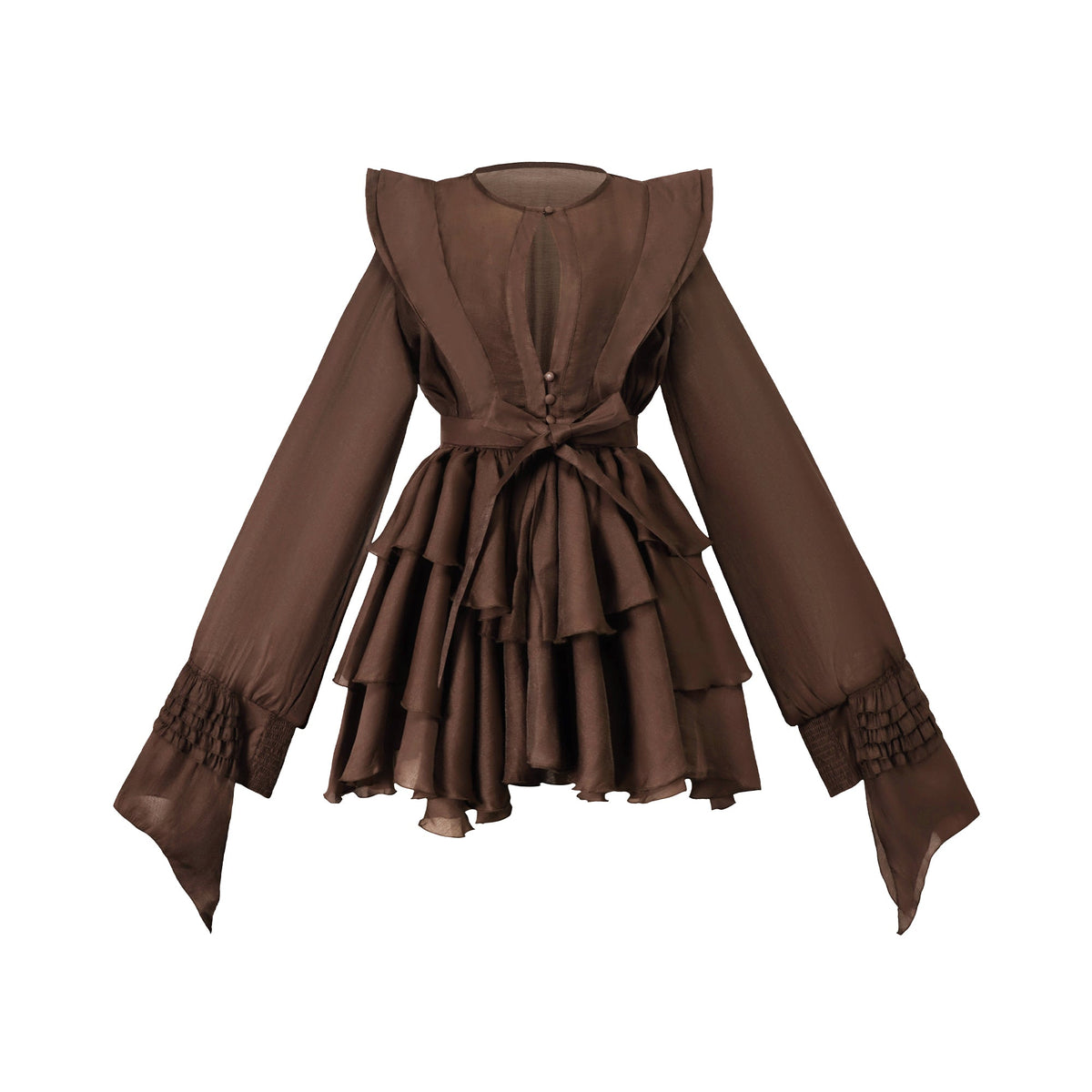 Vestido Mini Marrón con Cut Out y Volantes Manga Larga