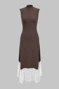 Vestido midi marrón con bajo encaje blanco