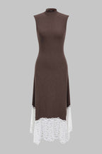Vestido midi marrón con bajo encaje blanco