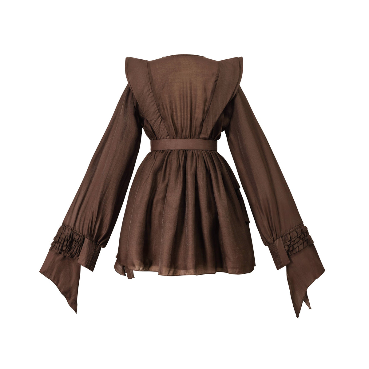 Vestido Mini Marrón con Cut Out y Volantes Manga Larga