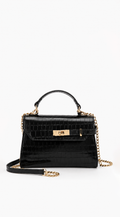 Bolso Vienna Efecto Cocodrilo con Asa Superior y Correa Bandolera - Negro