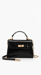 Bolso Vienna Efecto Cocodrilo con Asa Superior y Correa Bandolera - Negro