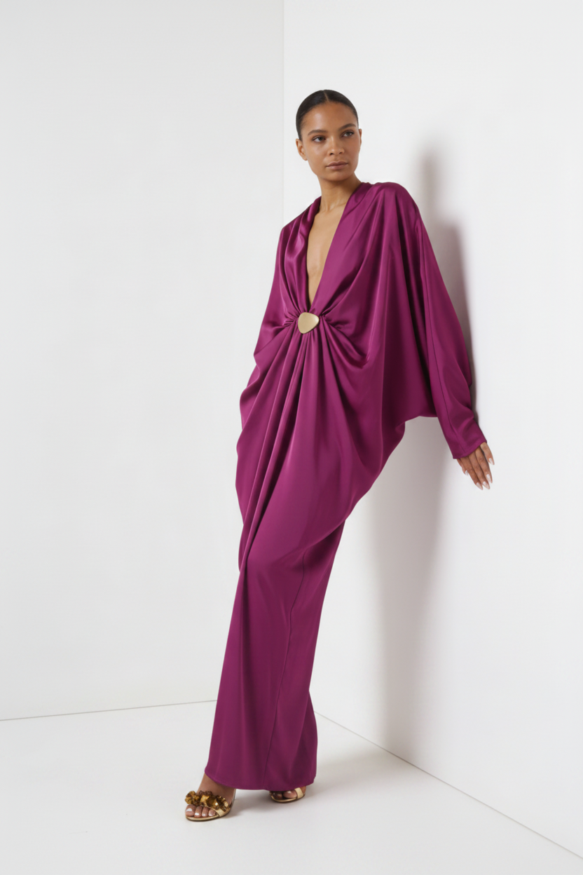 Vestido largo de cuello en Satén Magenta
