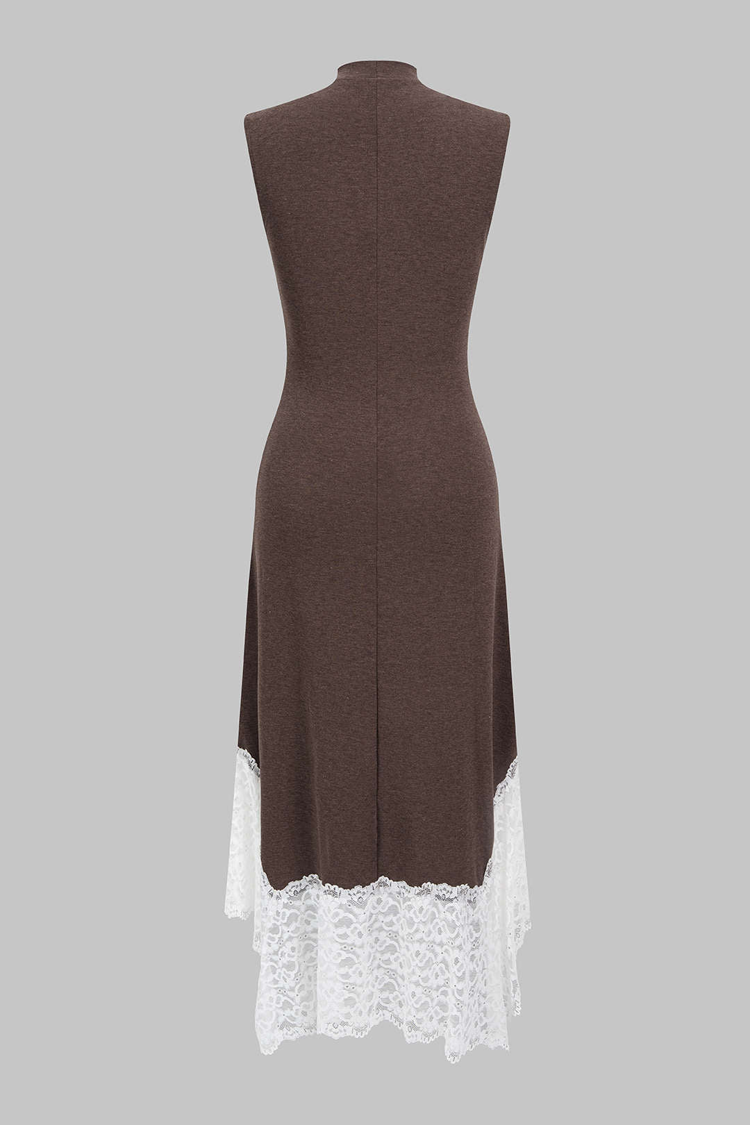 Vestido midi marrón con bajo encaje blanco