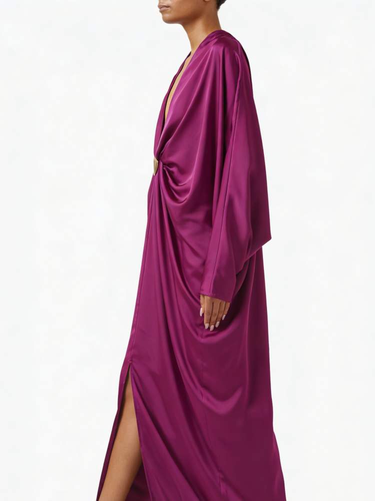 Vestido largo de cuello en Satén Magenta