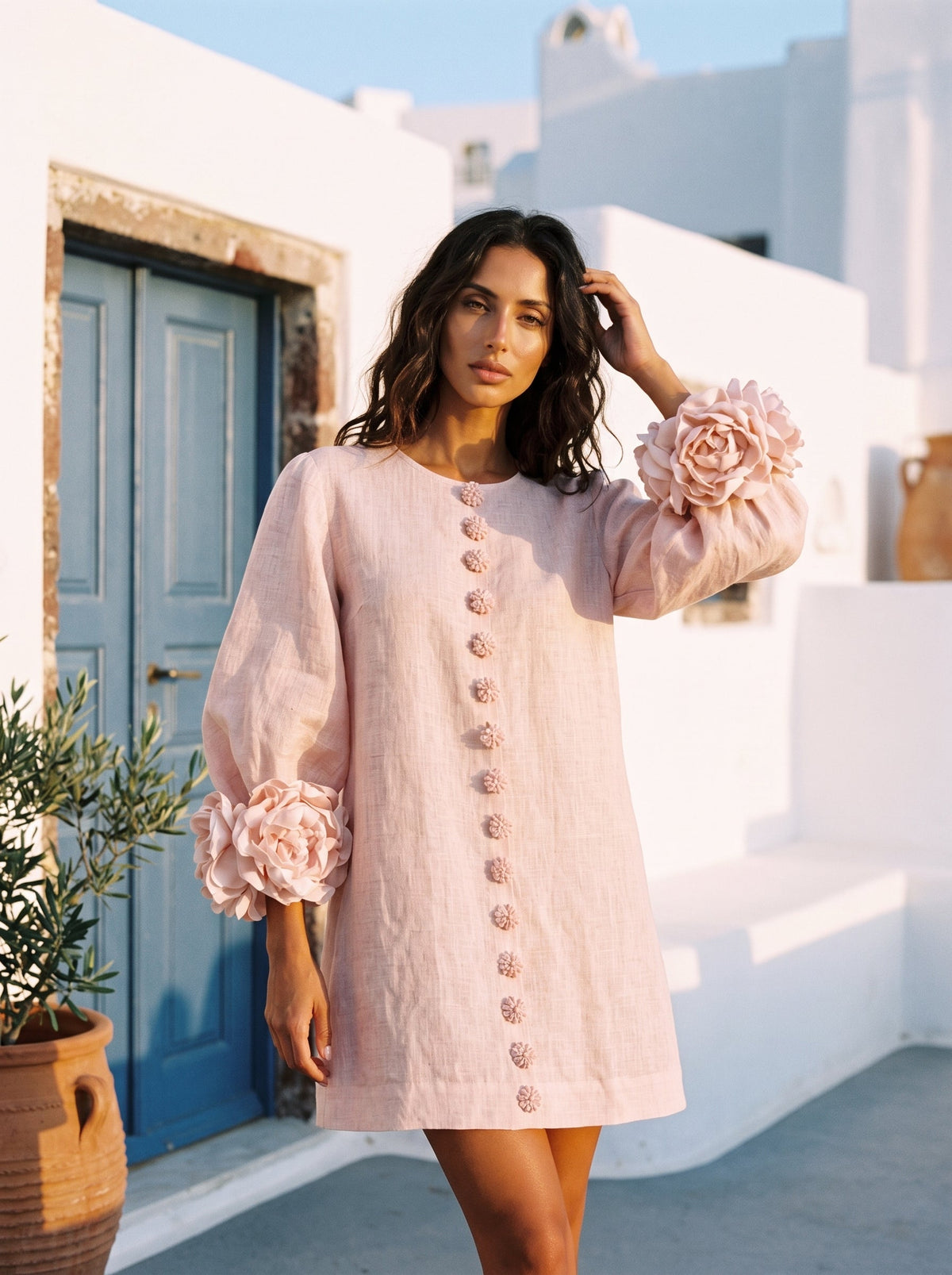 Vestido Mini Floral Rosa Con Botones
