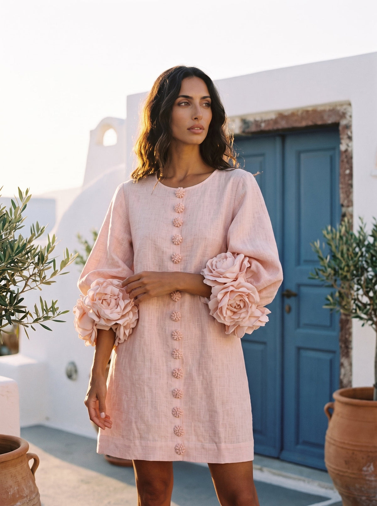 Vestido Mini Floral Rosa Con Botones
