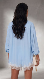 Conjunto Satinado Camisa Oversize + Short Encaje "Cloud"