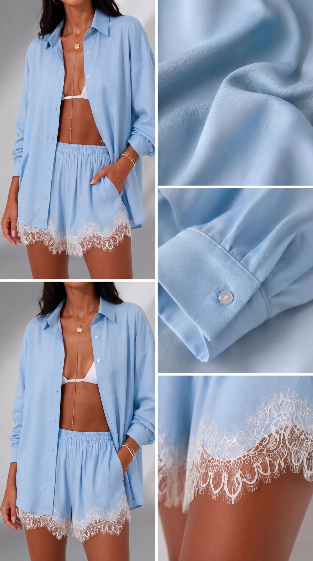 Conjunto Satinado Camisa Oversize + Short Encaje "Cloud"