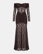 Vestido largo marrón de encaje floral