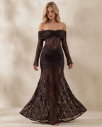 Vestido largo marrón de encaje floral