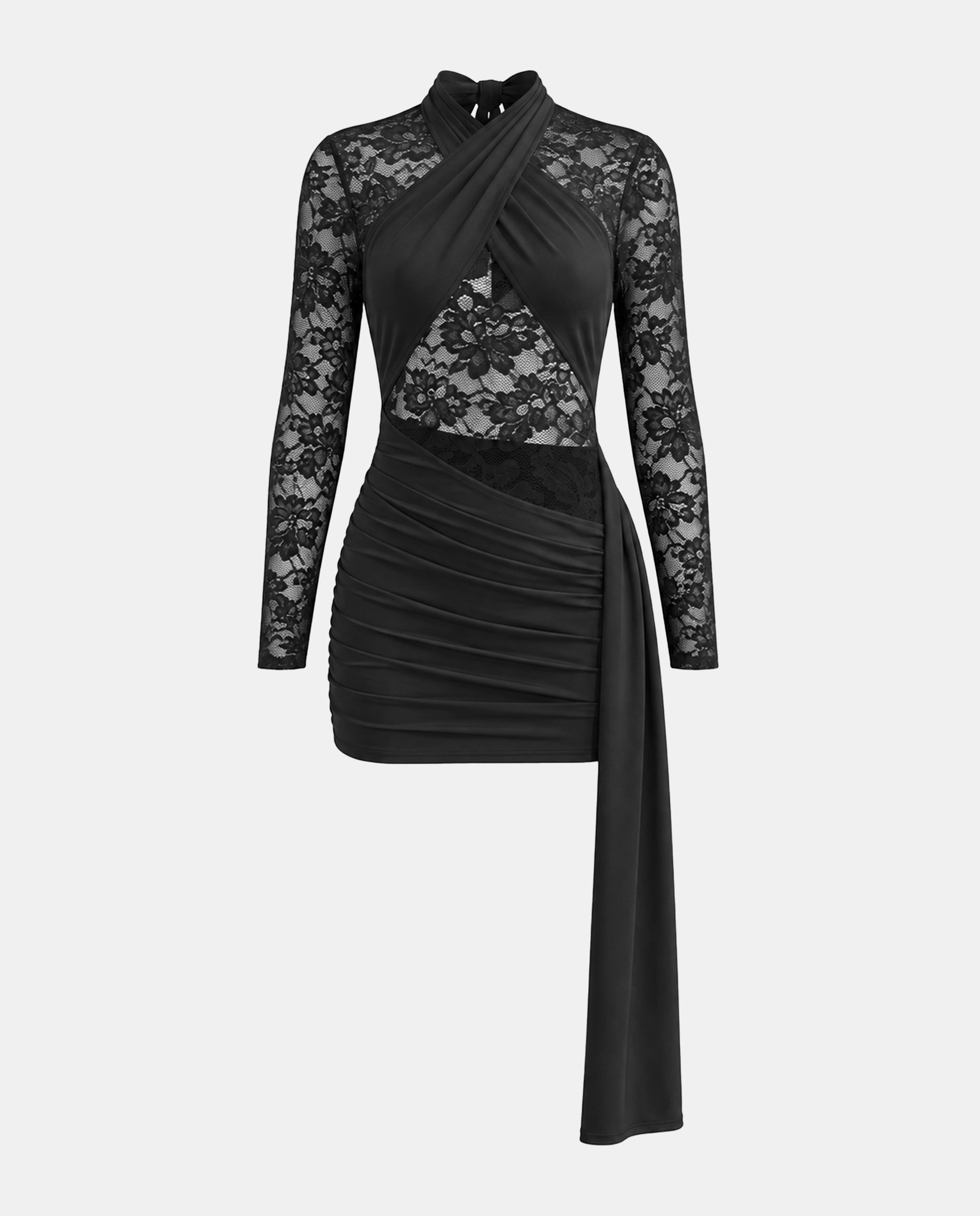 Vestido Corto Ajustado de Encaje con drapeado cruzado