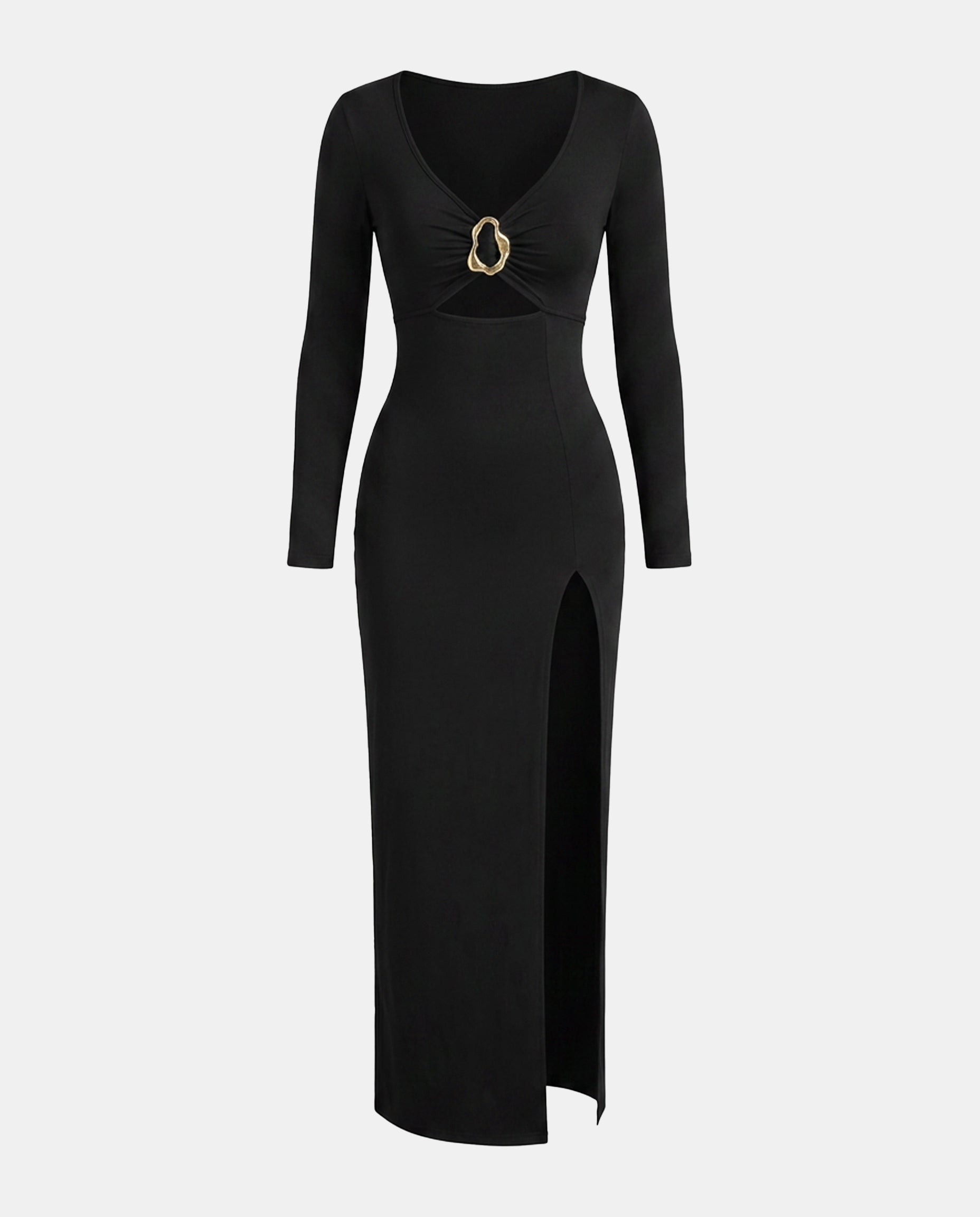 Vestido largo negro con argolla dorada y abertura