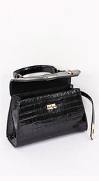 Bolso Vienna Efecto Cocodrilo con Asa Superior y Correa Bandolera - Negro
