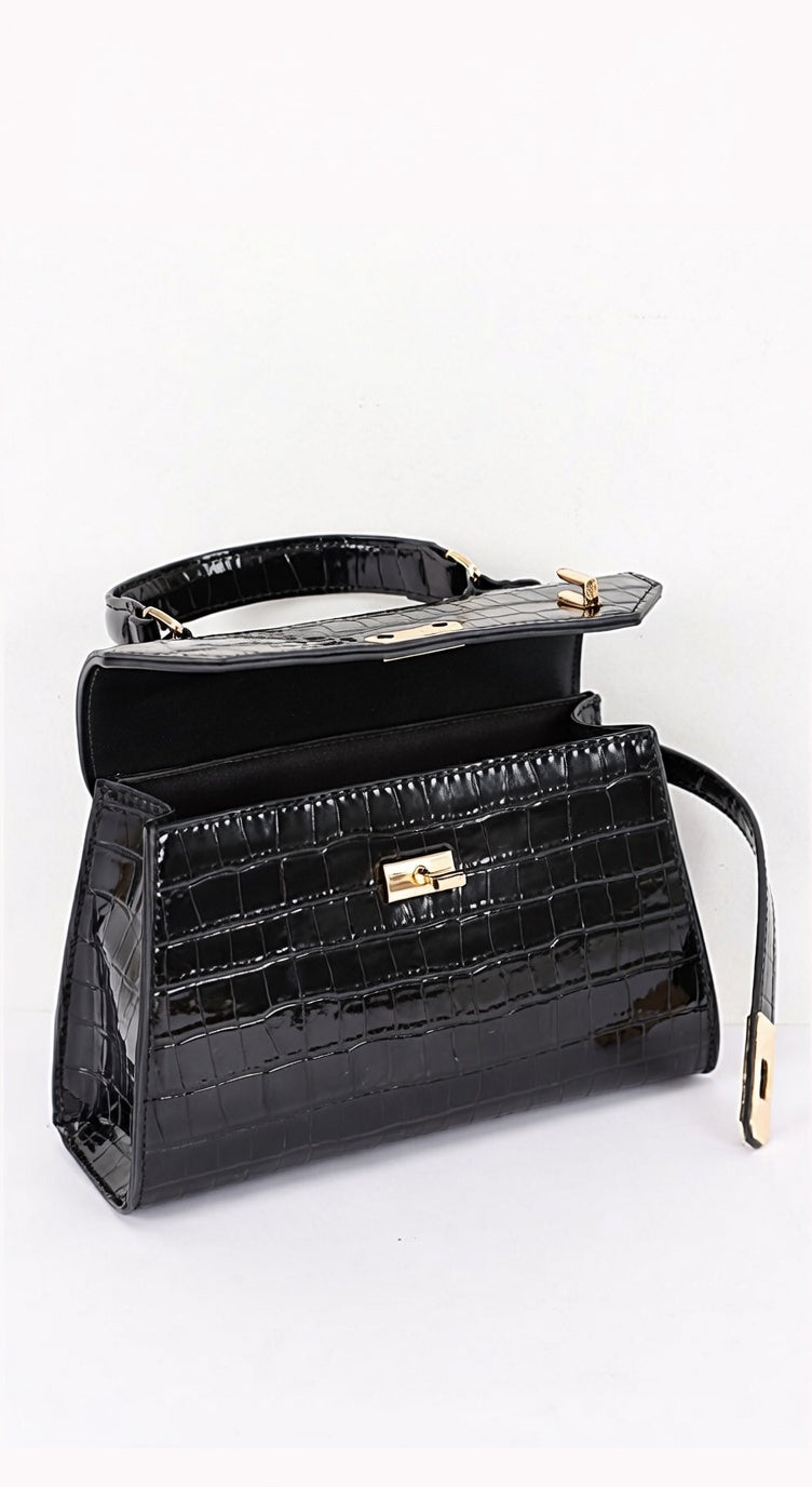 Bolso Vienna Efecto Cocodrilo con Asa Superior y Correa Bandolera - Negro