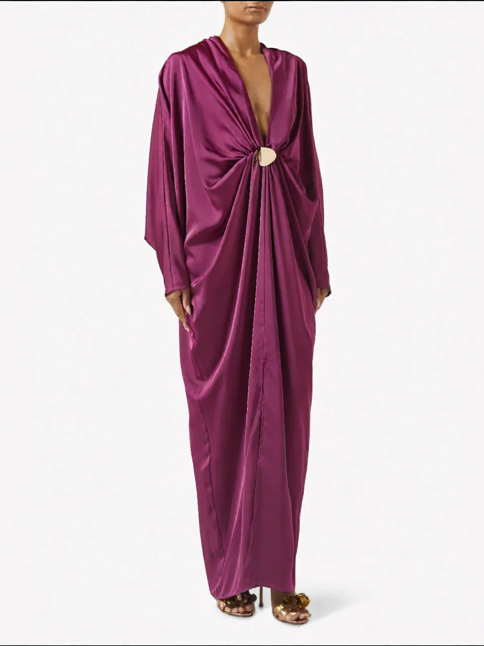 Vestido largo de cuello en Satén Magenta