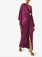 Vestido largo de cuello en Satén Magenta
