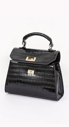Bolso Vienna Efecto Cocodrilo con Asa Superior y Correa Bandolera - Negro