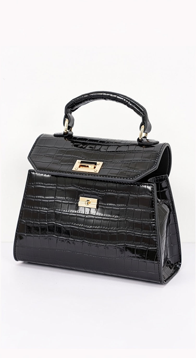 Bolso Vienna Efecto Cocodrilo con Asa Superior y Correa Bandolera - Negro