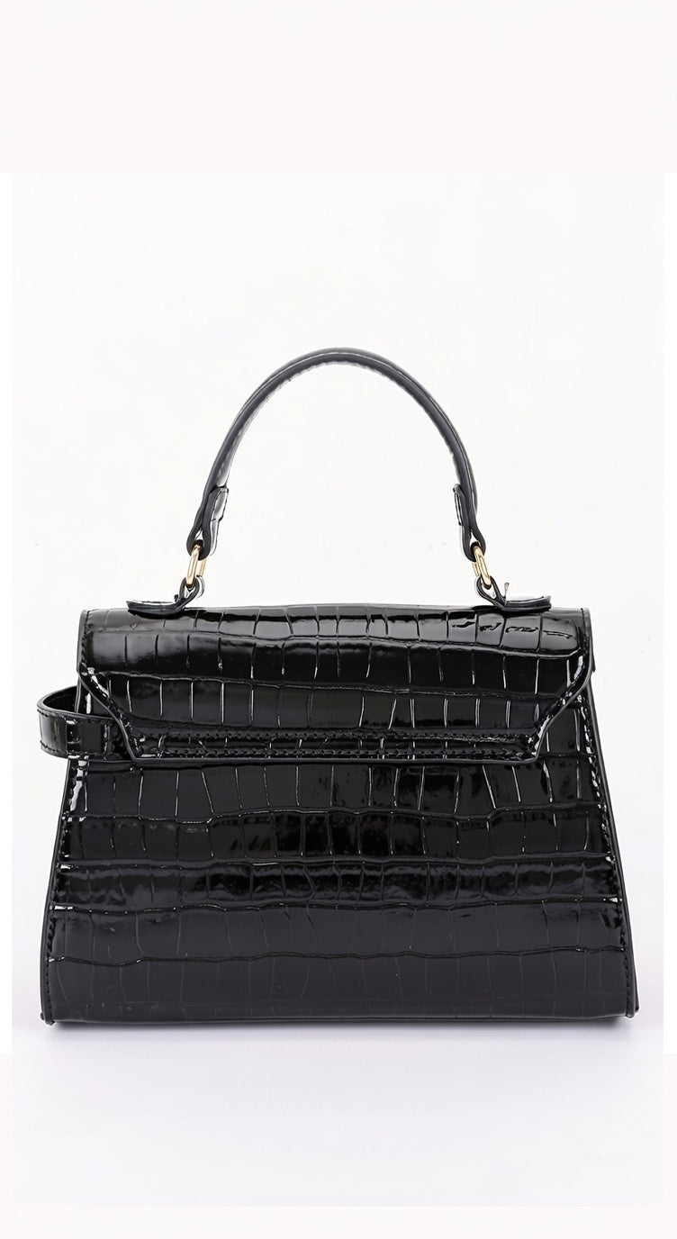 Bolso Vienna Efecto Cocodrilo con Asa Superior y Correa Bandolera - Negro