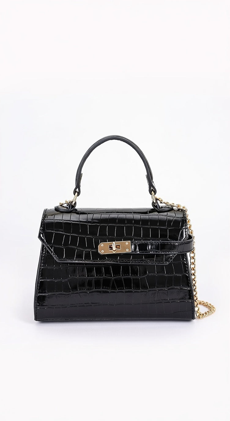 Bolso Vienna Efecto Cocodrilo con Asa Superior y Correa Bandolera - Negro