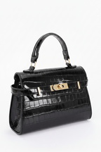 Bolso Vienna Efecto Cocodrilo con Asa Superior y Correa Bandolera - Negro