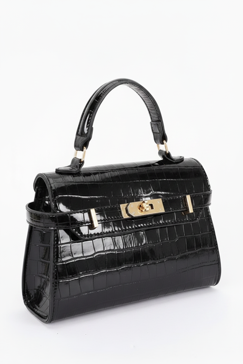 Bolso Vienna Efecto Cocodrilo con Asa Superior y Correa Bandolera - Negro
