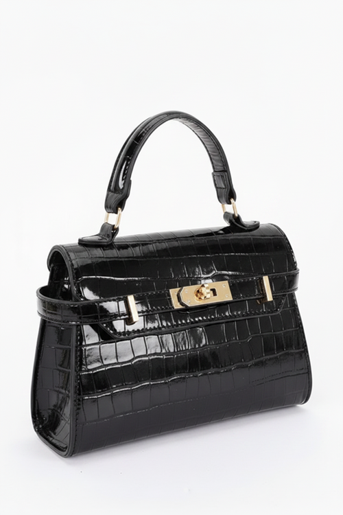 Bolso Vienna Efecto Cocodrilo con Asa Superior y Correa Bandolera - Negro