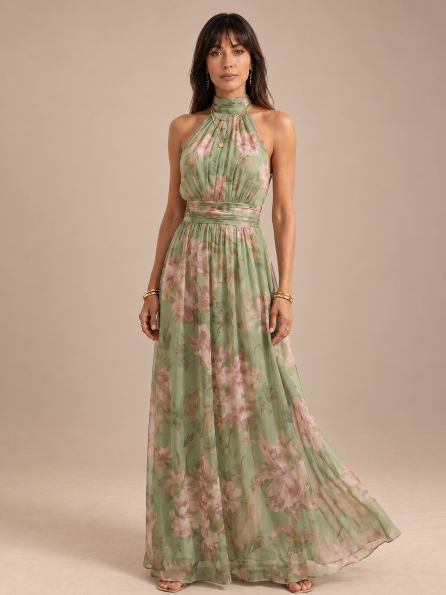 Vestido largo estampado floral verde salvia