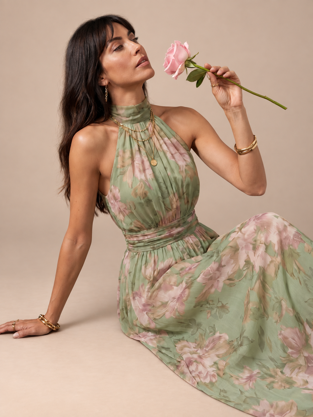 Vestido largo estampado floral verde salvia