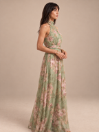 Vestido largo estampado floral verde salvia