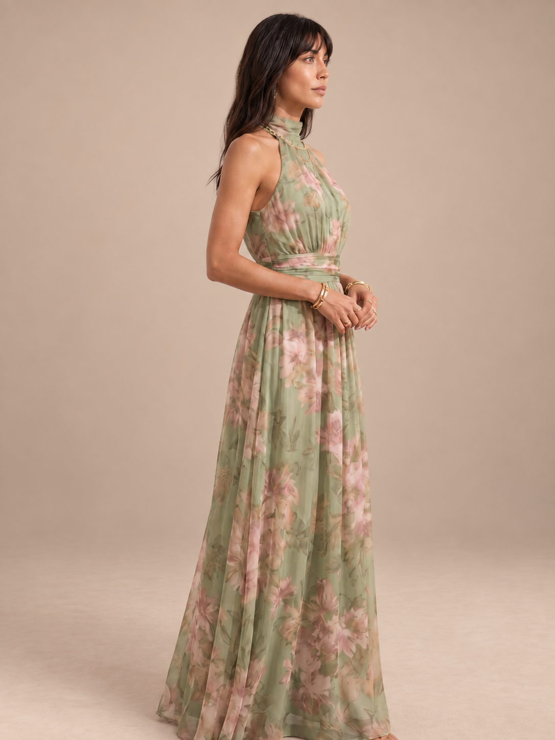 Vestido largo estampado floral verde salvia