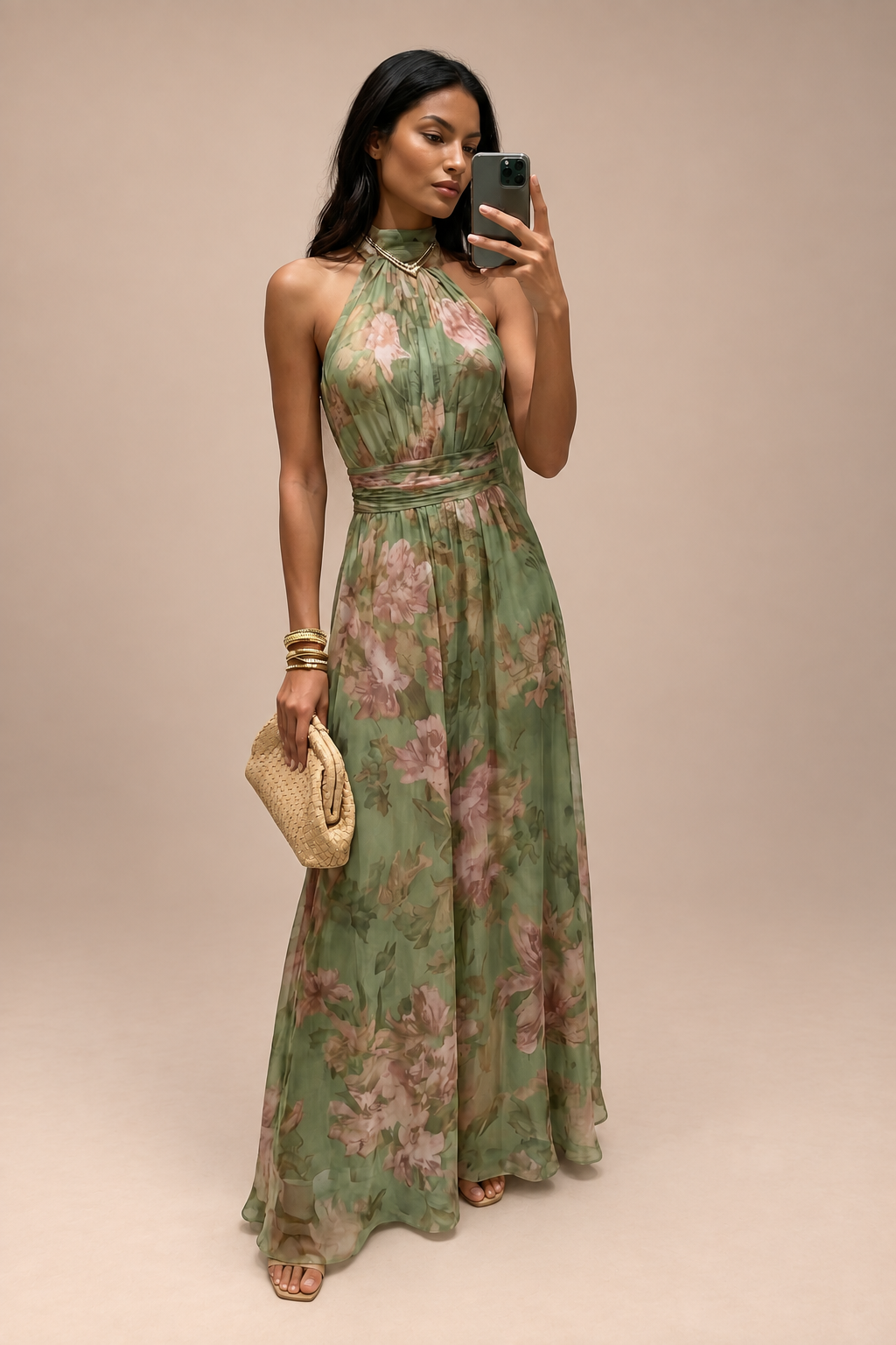 Vestido largo estampado floral verde salvia